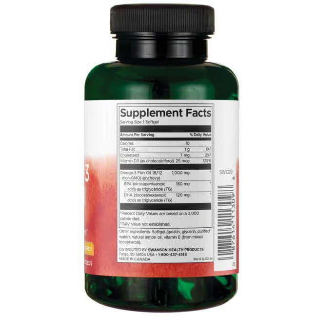 Swanson Omega 3 riblje ulje 1000 mg s vitaminom D3 – 60 softgel kapsula, ukus limuna